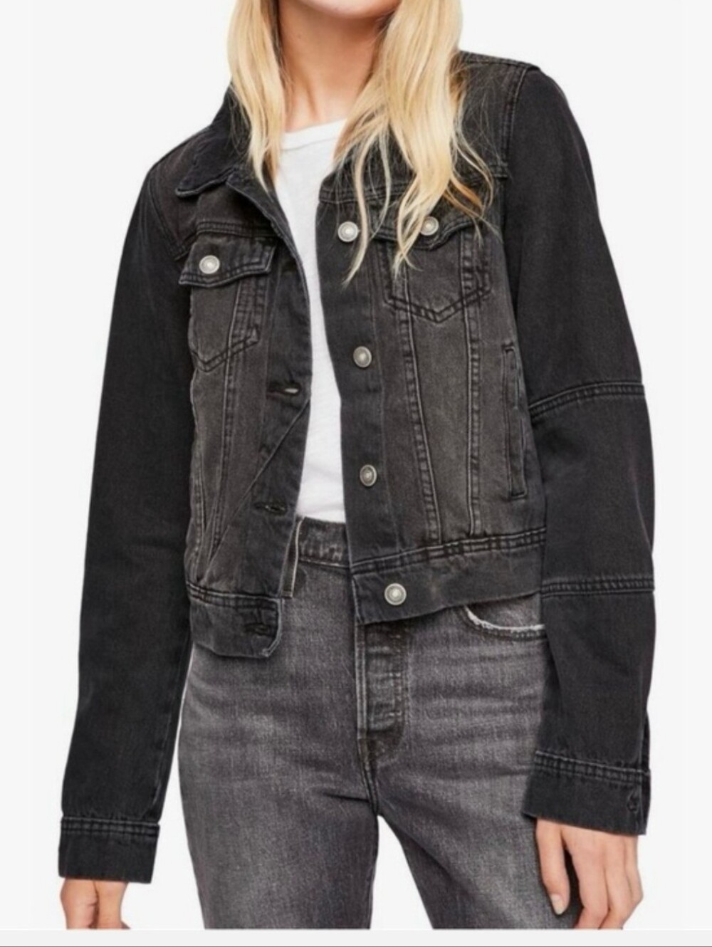 Free People Rumors Washed Black Denim Jacket  Black Women's L